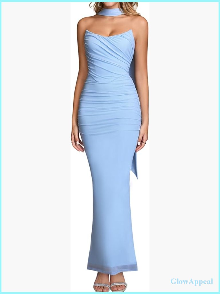 Strapless Corset Maxi Formal Dress With Scarf Ruched Bodycon